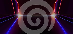 Background of an empty corridor with brick walls and neon light.