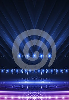 Background of empty stage show. Neon blue and purple light and laser show. Laser futuristic shapes on a dark background.
