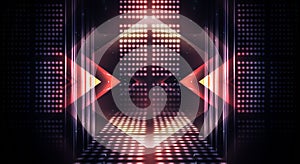 Background of empty stage show. Neon light and laser show. Laser futuristic shapes on a dark background. Abstract dark background