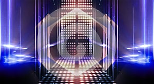 Background of empty stage show. Neon light and laser show. Laser futuristic shapes on a dark background. Abstract dark background