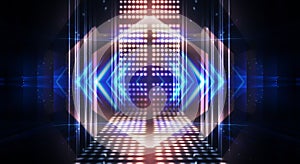 Background of empty stage show. Neon light and laser show. Laser futuristic shapes on a dark background. Abstract dark background