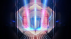 Background of empty stage show. Neon light and laser show. Laser futuristic shapes on a dark background. Abstract dark background