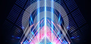 Background of empty stage show. Neon light and laser show. Laser futuristic shapes on a dark background. Abstract dark background