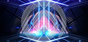 Background of empty stage show. Neon light and laser show. Laser futuristic shapes on a dark background. Abstract dark background