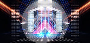 Background of empty stage show. Neon light and laser show. Laser futuristic shapes on a dark background. Abstract dark background