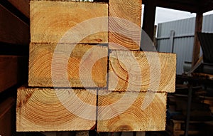 Background ends of the boards. The ends of the lumber. Pine ends. Wood background. Wood texture