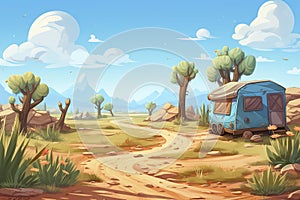 Background environment of a caravan route with an abstract 2D recreational vehicle for a mobile adventure game.