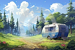 Background environment of a caravan route with an abstract 2D recreational vehicle for a mobile adventure game.