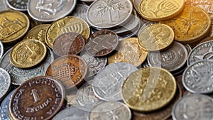 Background of Euro coins money.Numismatics.United kingdom Pound coin.US coins.Coins of different countries of the world. Iron