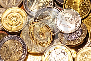 Background of Euro coins money.United kingdom Pound coin.US coins.Numismatics.Group of coins,Business concept. Iron money.