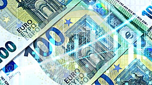 The background of euro money. 100 euros. Financial chart of profit indicators. Cash banknotes. The single currency of the European