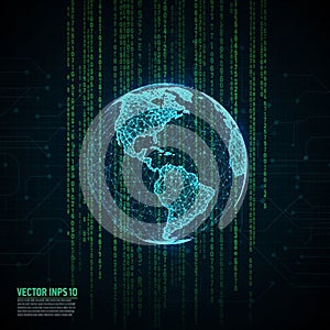 The background features cascading green binary code reminiscent of digital