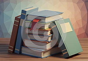 The background features a geometric, multicolored pattern, adding an artistic