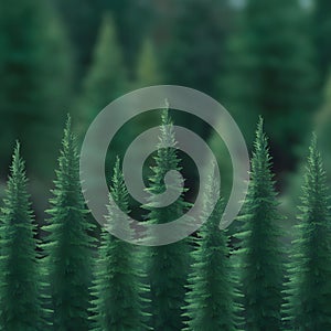 Background featuring blurred green pine forest, evoking tranquility and nature