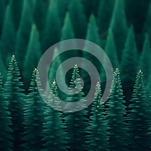 Background featuring blurred green pine forest, evoking tranquility and nature