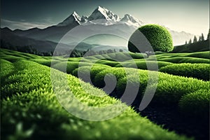 Background with a field of young green tea, farmland, mountains. generative AI