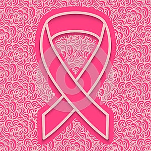 Background fight against breast cancer. Planimetric tape with the crossed ends on patterned background.