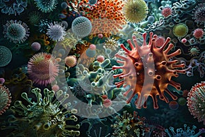 Background filled with microscopic images of human pathogens, revealing the complexity of infectious biology