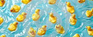 A background filled with numerous yellow rubber ducks floating on a light blue water surface,