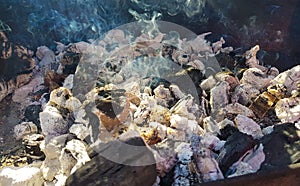 Background of fireplace with gloving embers. Close up view on smouldering fire. Texture of ash and glowing embers. Blurred