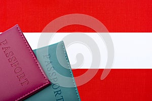 On the background of the Flag of Austria lie the passport