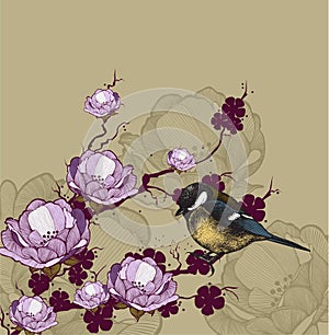 Background with flowering branch and bird titmouse, hand-drawing. Vector illustration.