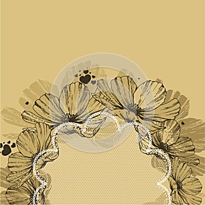 Background with flowers, lace frame and hearts. Vector illustration.