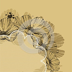 Background with flowers, lace and hearts. Vector illustration.
