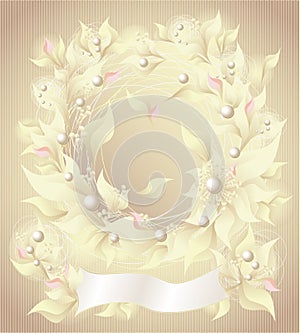 Background with flowers pearls petals and ribbon