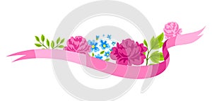 Background with flowers and ribbon. Beautiful decorative natural plants and leaves.