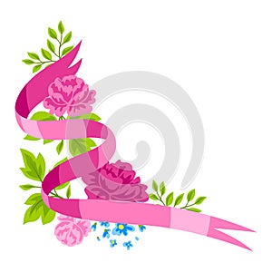 Background with flowers and ribbon. Beautiful decorative natural plants and leaves.