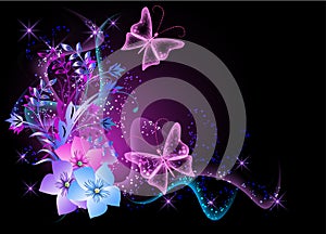 Background with flowers, smoke and butterfly