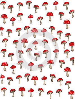 Background with fly agaric mushrooms on a white background