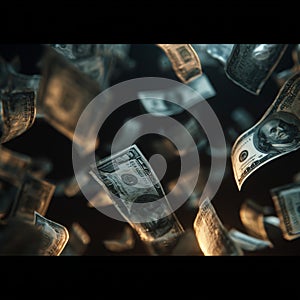 Background of flying dollar bills and blurred. AI generate