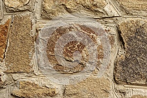 Background in the form of a stone wall made of many flat buta stones of brown color