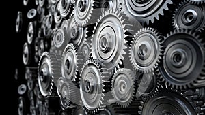 Background formed with group of 3D steel wheels in motion. 3D illustration