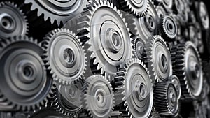 Background formed with group of 3D steel wheels in motion. 3D illustration