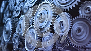 Background formed with group of 3D steel wheels in motion. 3D illustration