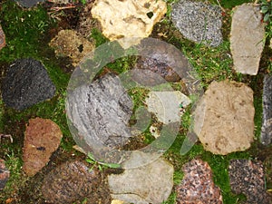 Background. fragment. texture. the old road is paved with wild stone, cobblestones. landscape design, natural style.