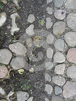 Background. fragment. texture. the old road is paved with wild stone, cobblestones. landscape design, natural style.