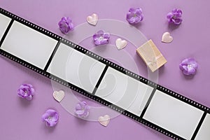 Background with a frame in the form of a film, purple flowers, g