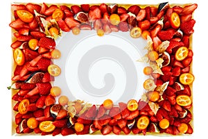 Background frame of fresh fruits, strawberries dates