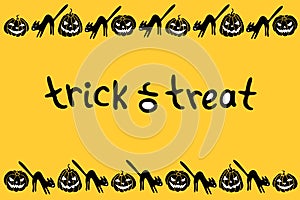 Background, frame for Halloween. Horizontal border of festive icons - Jack lantern, pumpkin, black cat. Trick or treat-lettering.