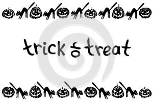 Background, frame for Halloween. Horizontal border of festive icons - Jack lantern, pumpkin, black cat. Trick or treat-lettering.