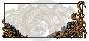 background with a frame illustration of hardscape driftwood and stone