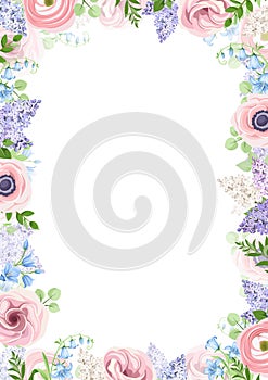 Background frame with pink, blue and purple flowers. Vector illustration.
