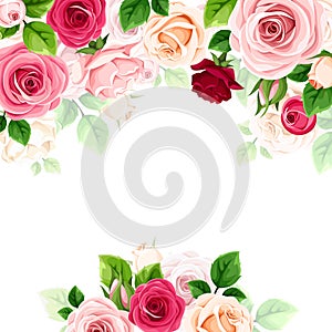 Background frame with red, pink, and white roses. Vector floral card design