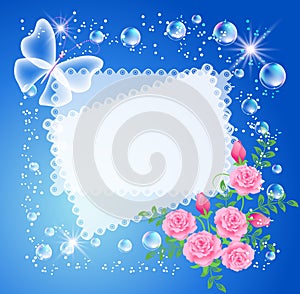 Background with frame, roses and butterfly