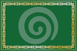 Background with a frame from the Tatar ornament. Gold and green colors. For diploma, certificate