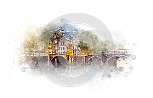 Background Frame of traditional old Amsterdam house - old tilted houses, windows, doors and bridges. Computer generated watercolor